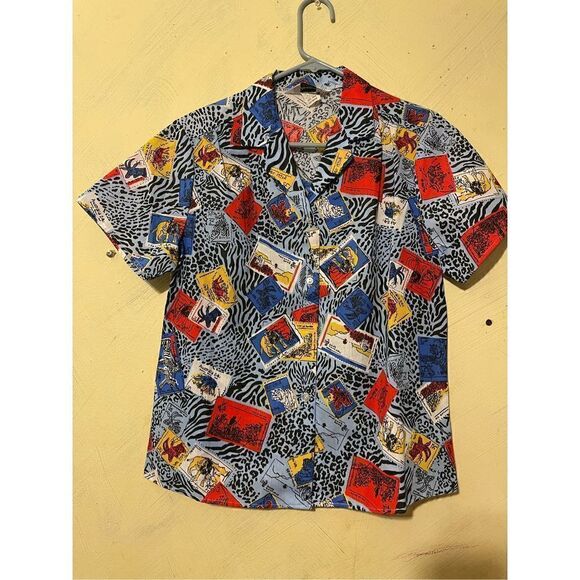 Vintage Blue Animal Print Animal Stamps logo HARMAL NEW YORK medium button down - Picture 1 of 13